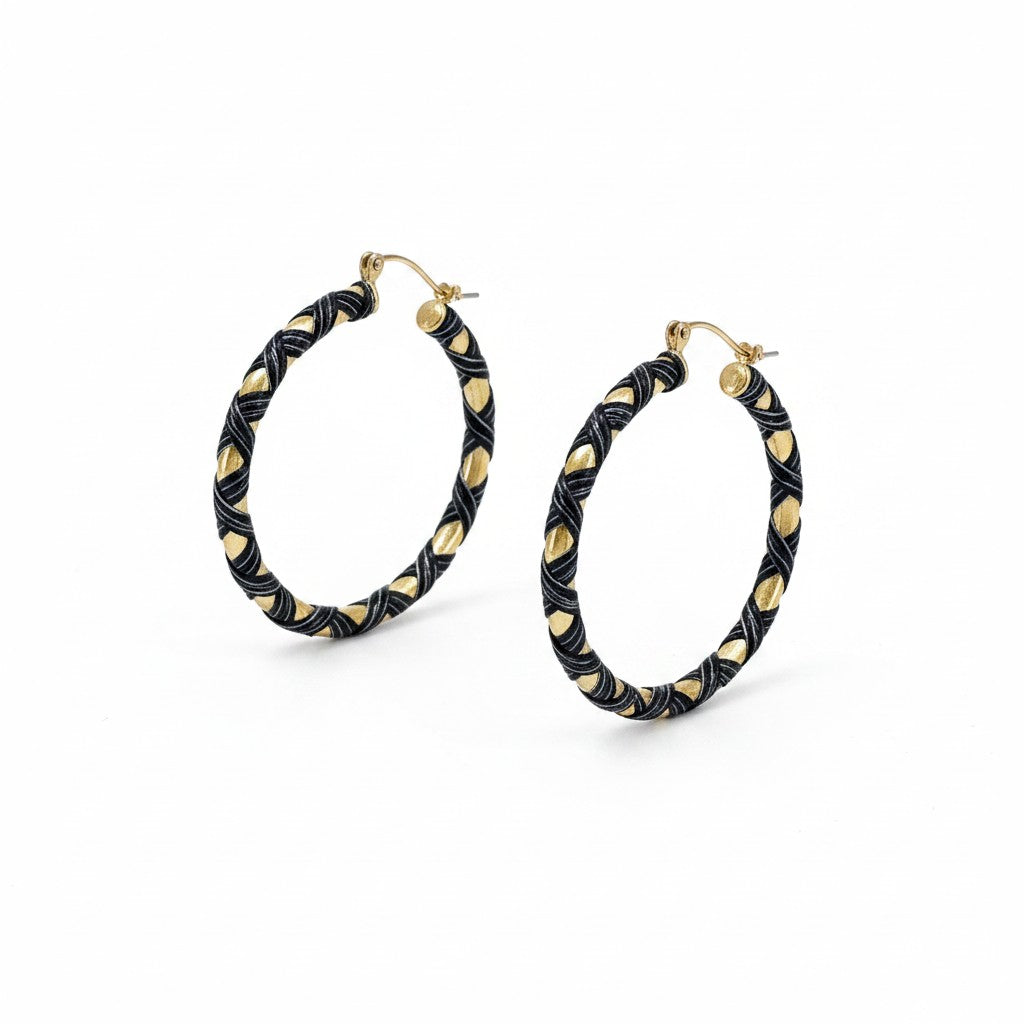 Black and Gold Leather Hoop Earrings