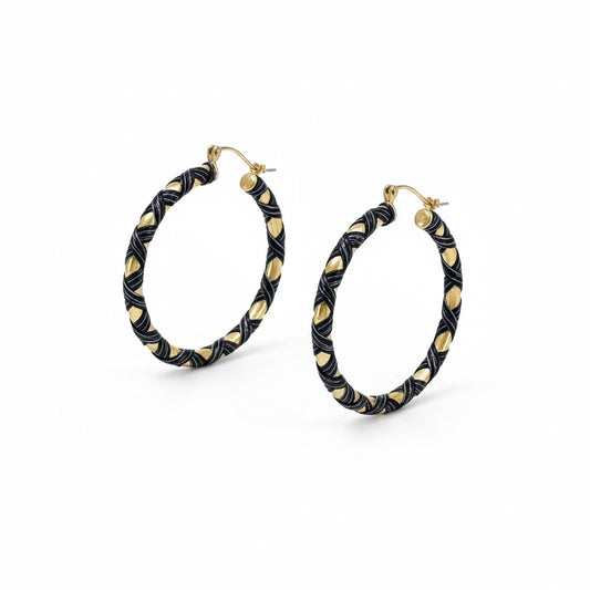 Black and Gold Leather Hoop Earrings