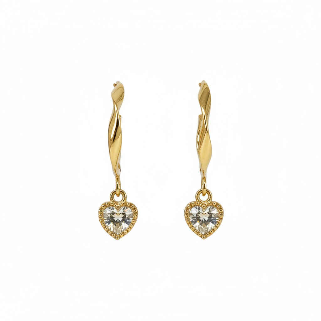 Gold Twisted Hoop & Heart CZ Drop Earrings