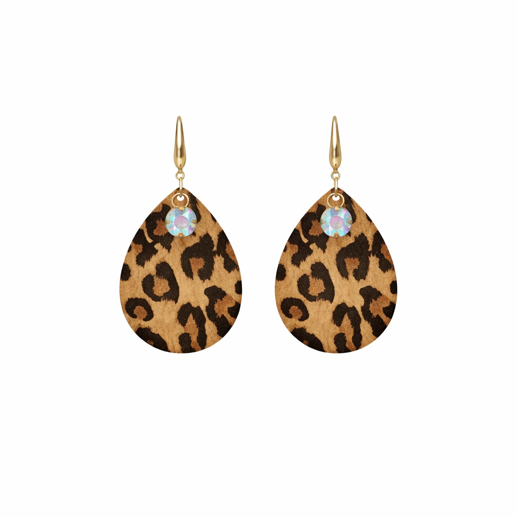 Tawny Cheetah Leather AB Rhinestone Earrings