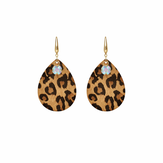Tawny Cheetah Leather AB Rhinestone Earrings