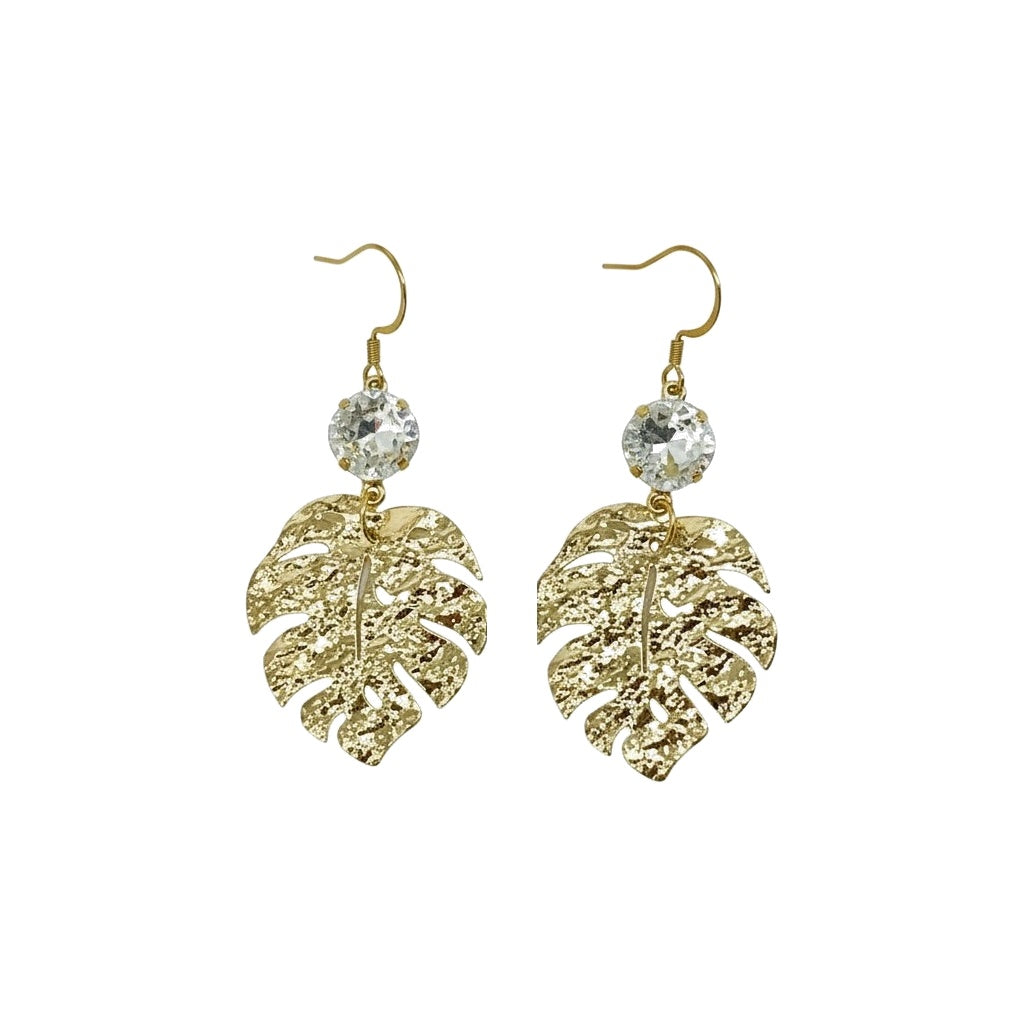 Crystal Clear & Gold Monstera Leaf Earrings