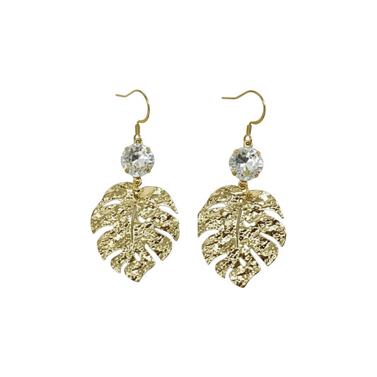 Crystal Clear & Gold Monstera Leaf Earrings