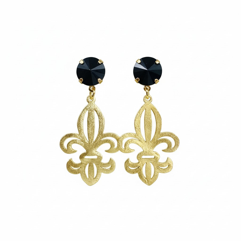 Jet Crystal & Textured Gold Fleur De Lis Earrings