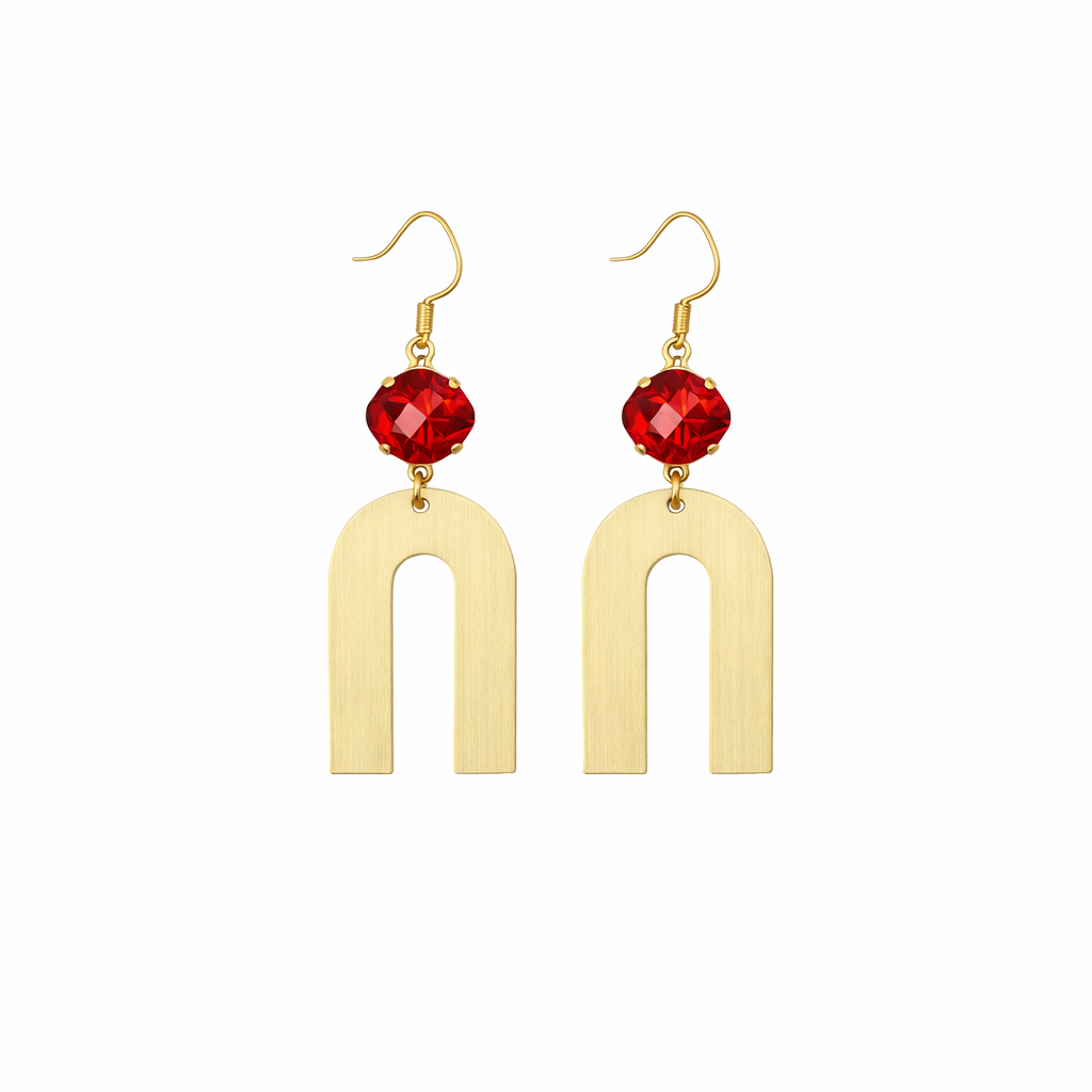 Light Siam Crystal & Brushed Gold Arch Drop Earrings