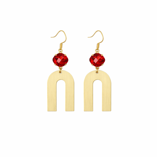 Light Siam Crystal & Brushed Gold Arch Drop Earrings
