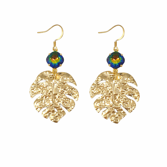 Vitrail Crystal & Gold Monstera Leaf Drop Earrings