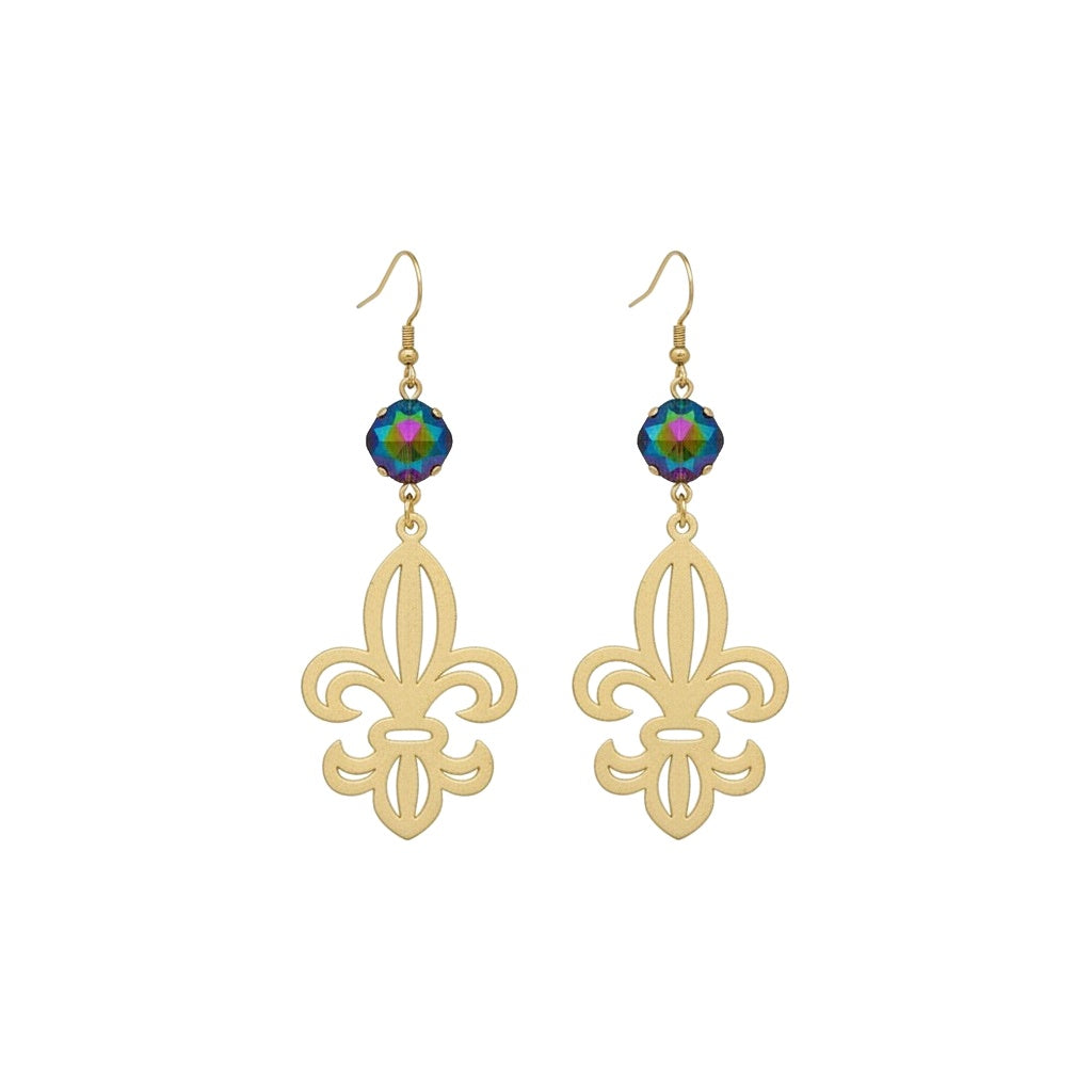 Vitrail Medium Crystal & Textured Gold Fleur De Lis Earrings