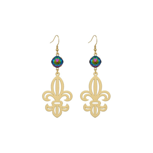 Vitrail Medium Crystal & Textured Gold Fleur De Lis Earrings
