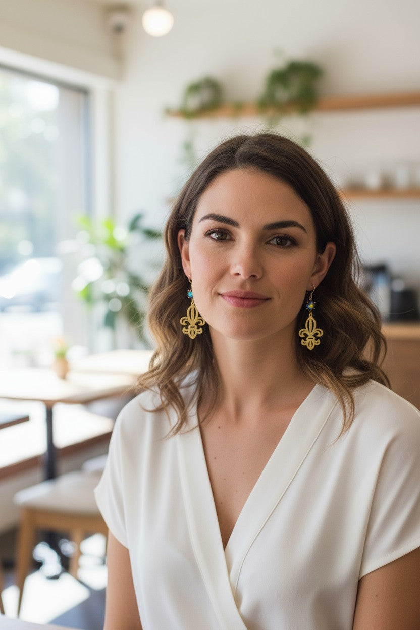 Crystal & Fleur De Lis Pendant Earrings - E19-4610