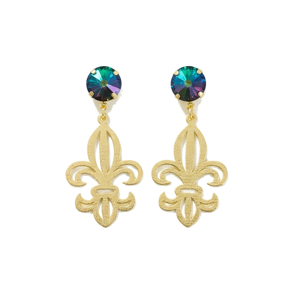 Electra Crystal & Textured Gold Fleur De Lis Earrings