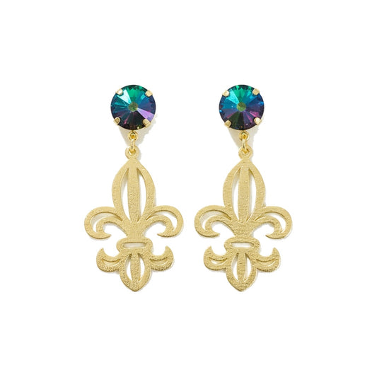 Electra Crystal & Textured Gold Fleur De Lis Earrings