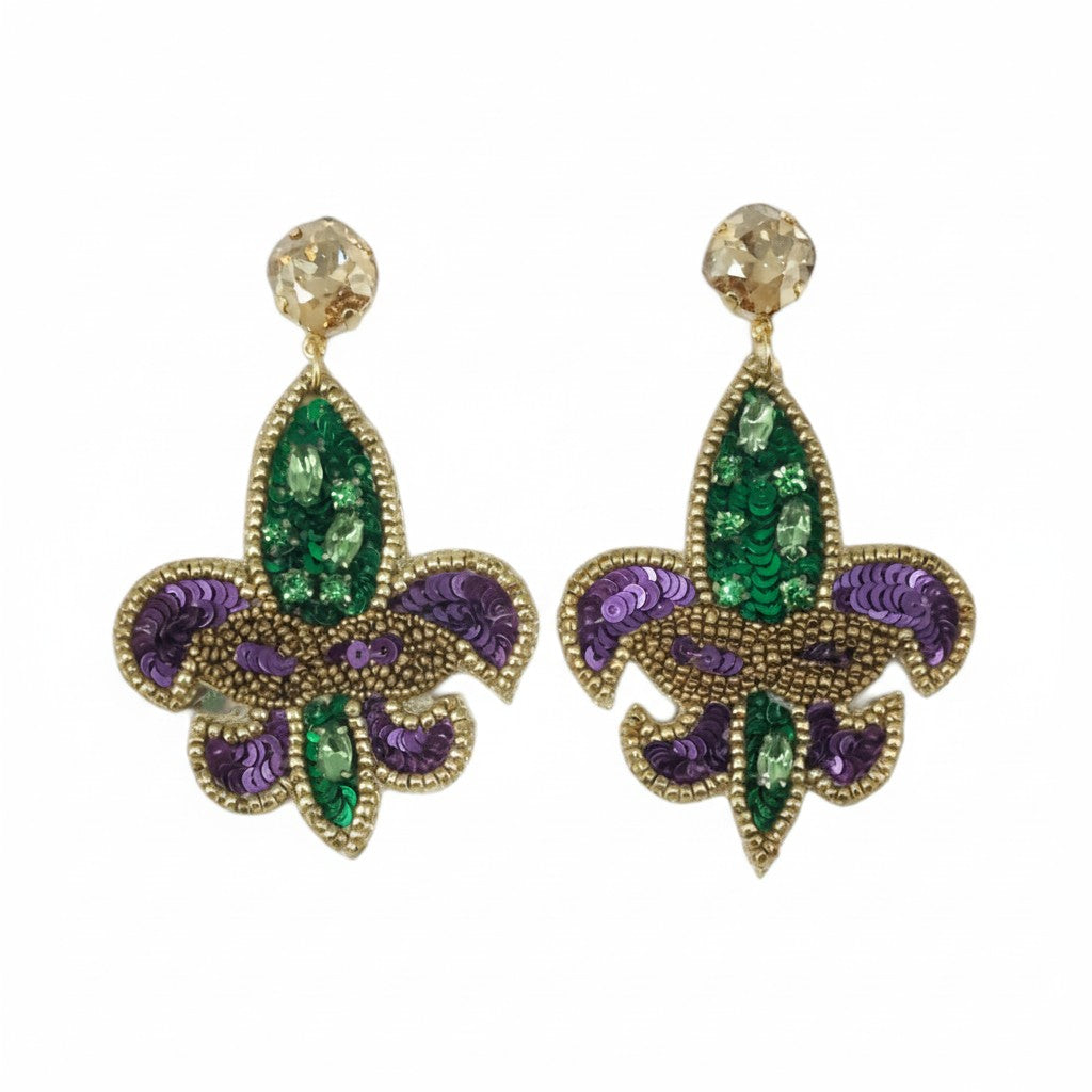 Golden Shadow Crystal & Mardi Gras Fleur De Lis Earrings