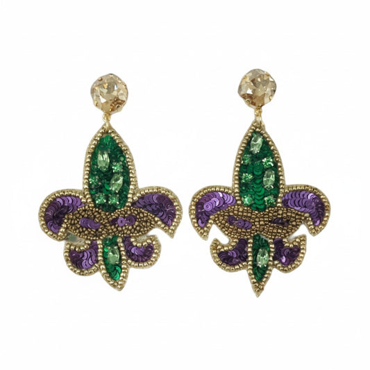 Golden Shadow Crystal & Mardi Gras Fleur De Lis Earrings