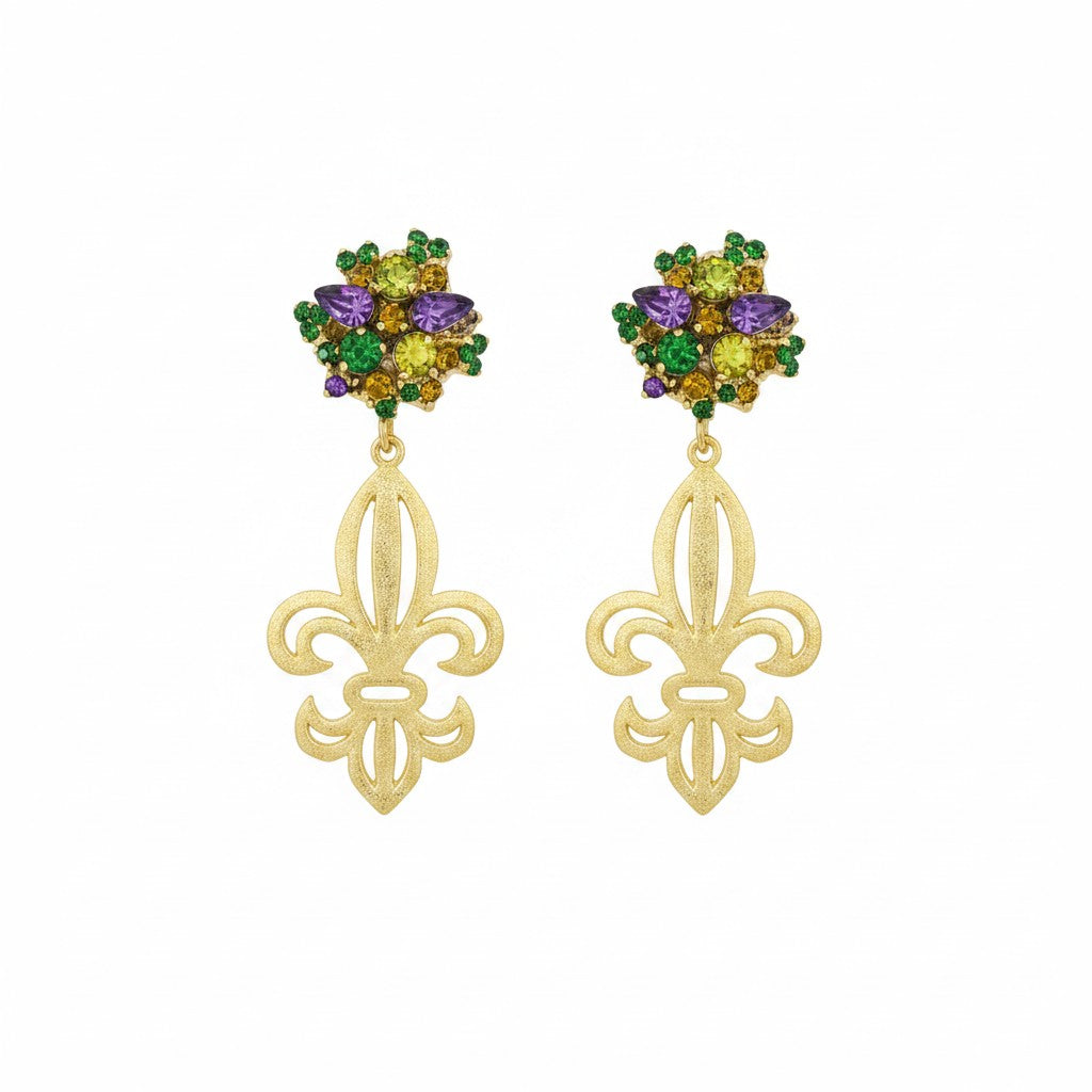 Rhinestone Stud and Brushed Gold Fleur De Lis Pendant Earrings