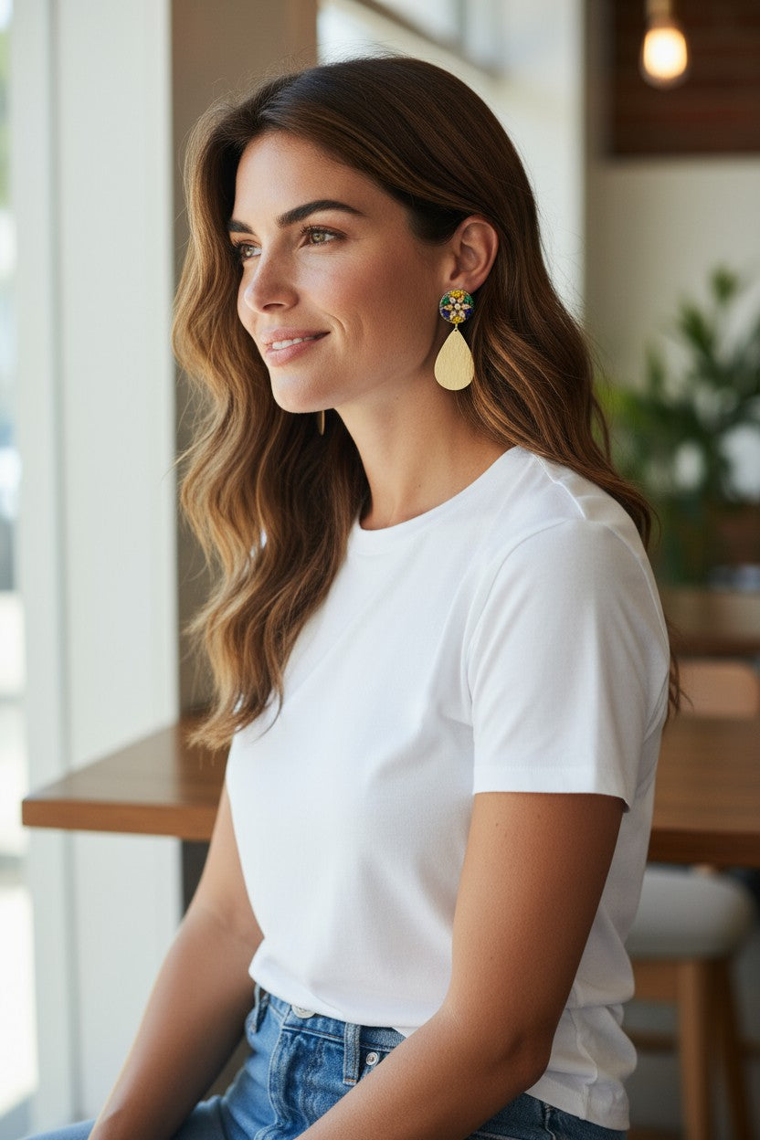 Rhinestone Stud & Brushed Gold Pendant Earrings - E19-4616