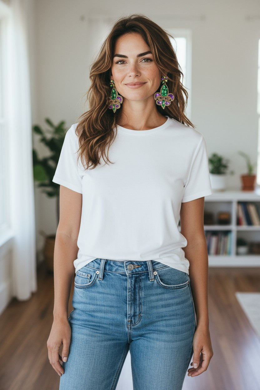 Rhinestone Stud & Fleur De Lis Earrings - E19-4620