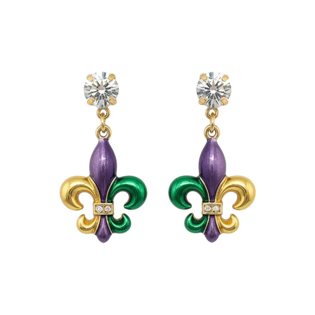 Crystal Clear & Mardi Gras Fleur De Lis Drop Earrings