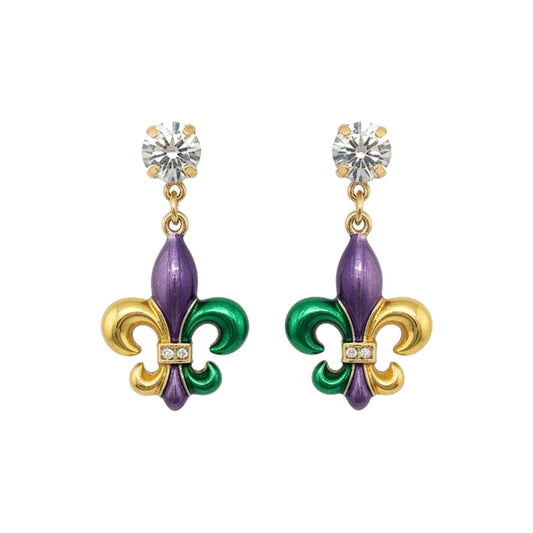 Crystal Clear & Mardi Gras Fleur De Lis Drop Earrings