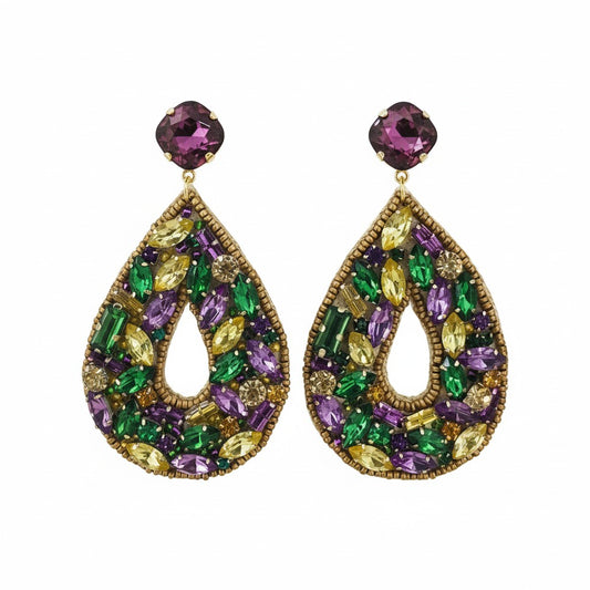 Amethyst Crystal & Mardi Gras Rhinestone Teardrop Earrings