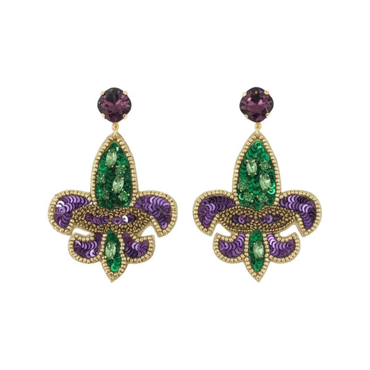 Amethyst Crystal & Mardi Gras Fleur De Lis Earrings