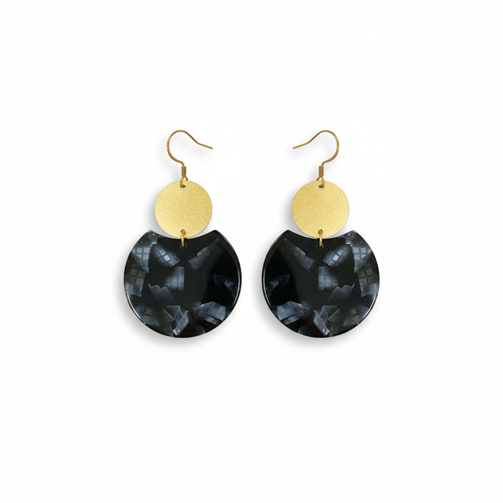 Black Resin and Brushed Gold Pendant Earrings