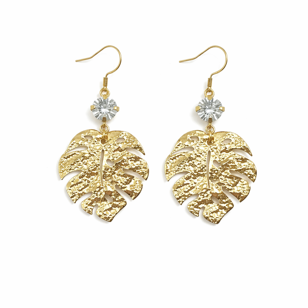 Crystal Clear & Gold Monstera Leaf Drop Earrings