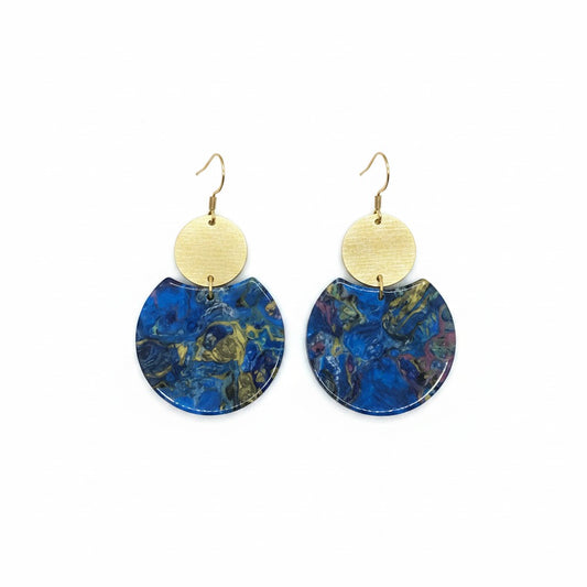 Blue Marble Resin and Brushed Gold Pendant Earrings