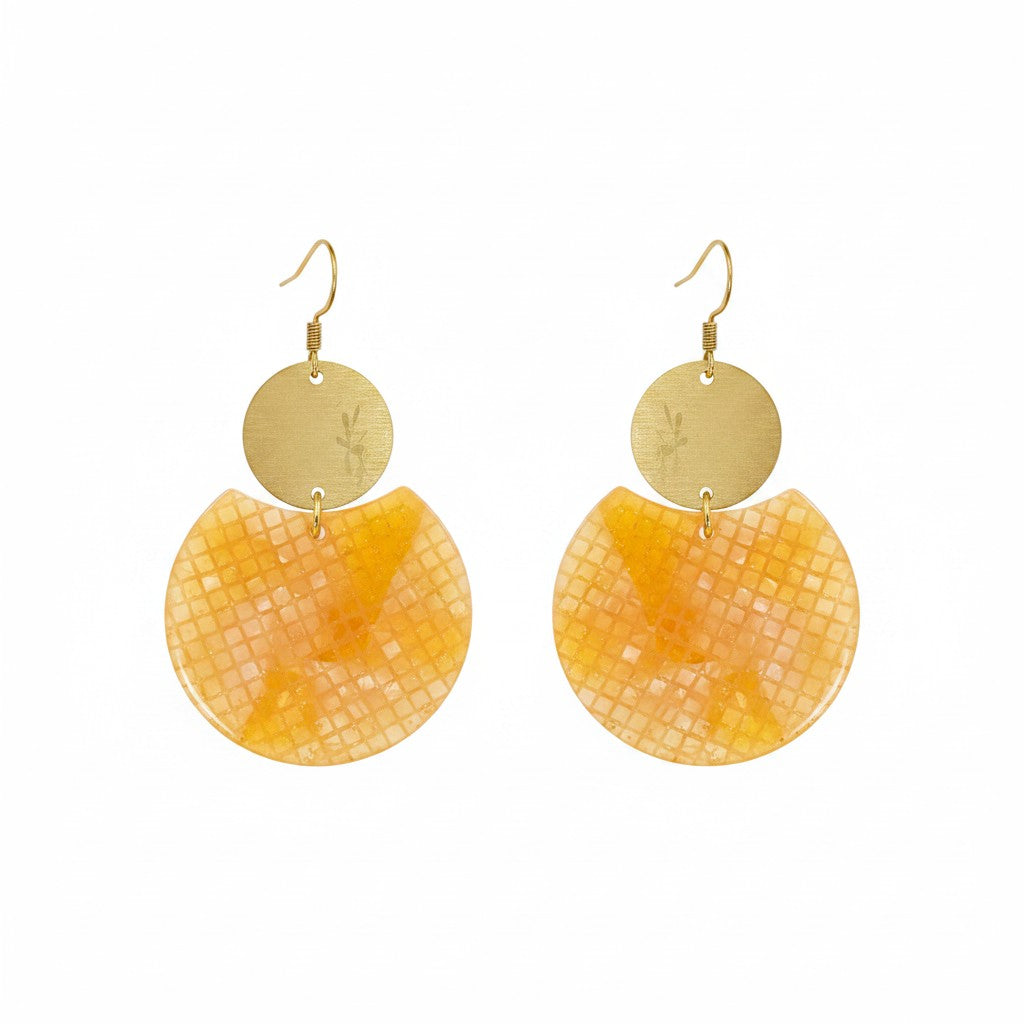Orange Resin and Brushed Gold Pendant Earrings