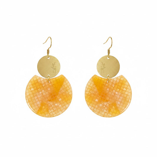 Orange Resin and Brushed Gold Pendant Earrings