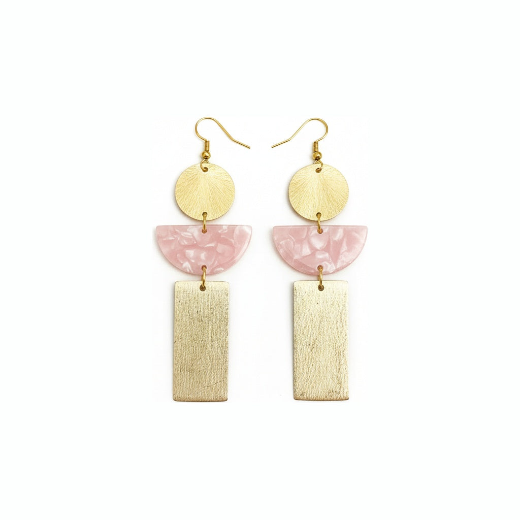 Pink Marble Resin & Brushed Gold Statement Earrings