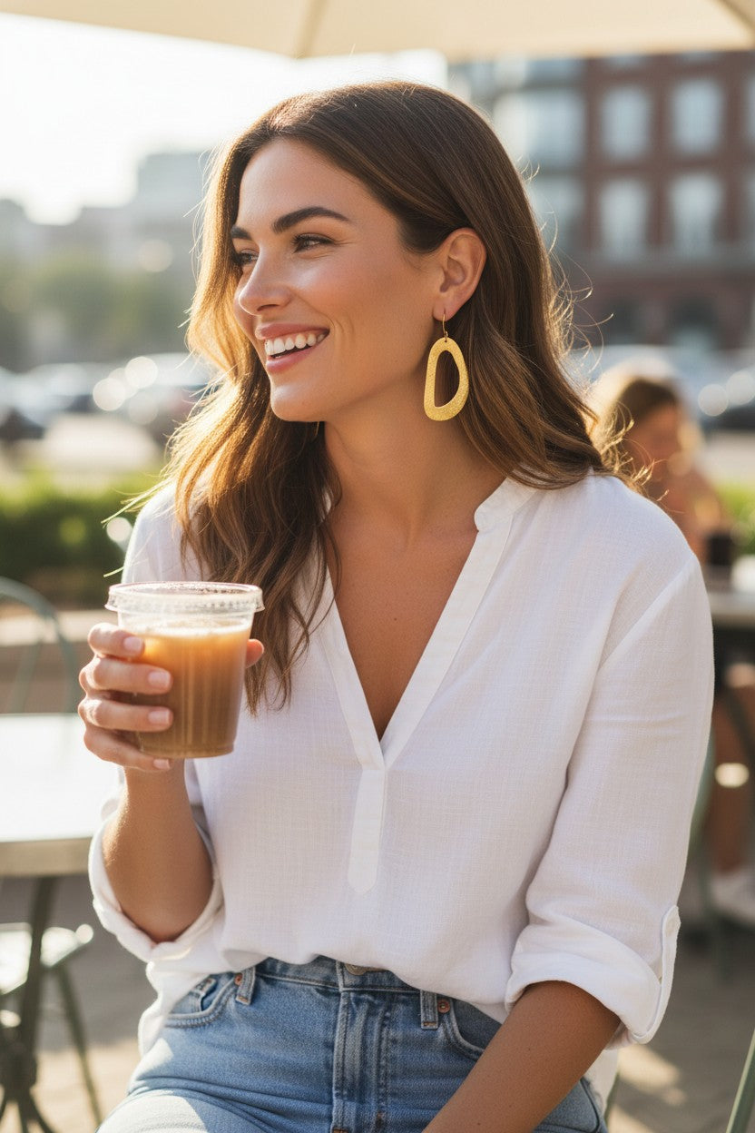 Brushed Gold Oval Pendant Earrings - E19-4676