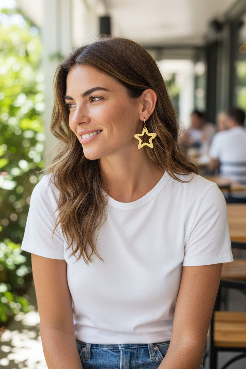 Textured Gold Star Drop Earrings