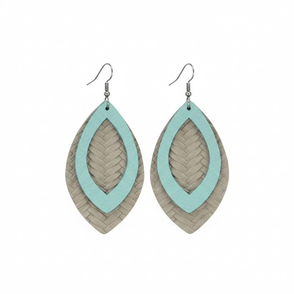 Grey and Turquoise Layered Leather Earrings - E19-467
