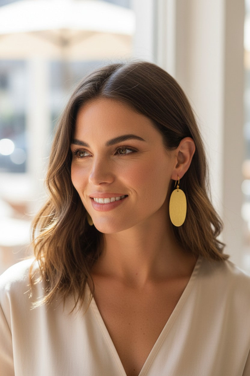 Brushed Gold Oval Pendant Earrings - E19-4680