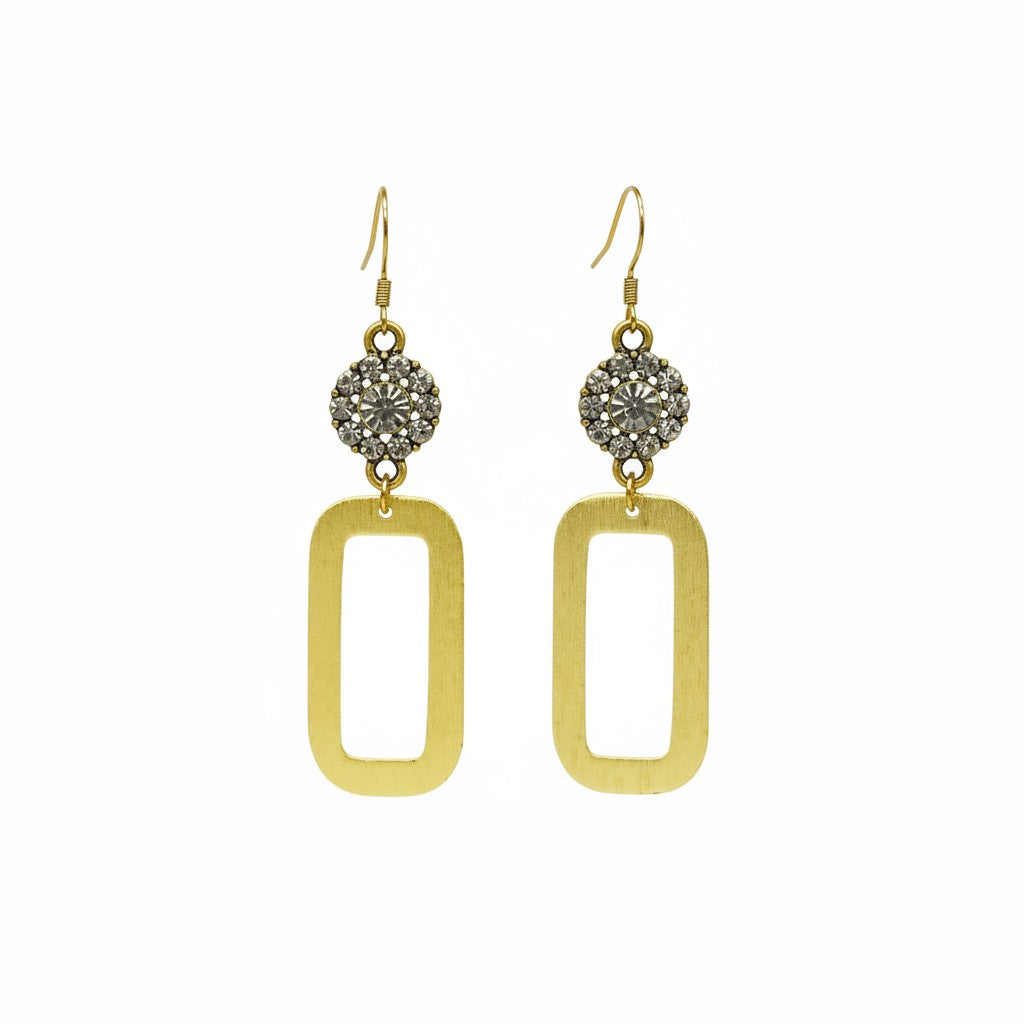 Crystal Bloom & Brushed Gold Rectangle Drop Earrings