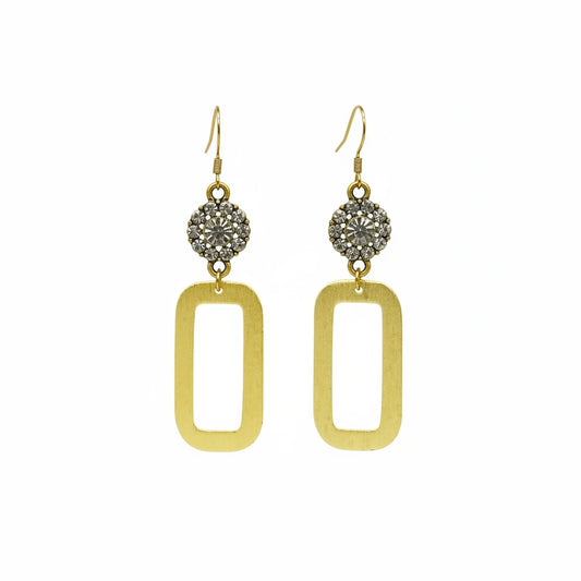 Crystal Bloom & Brushed Gold Rectangle Drop Earrings