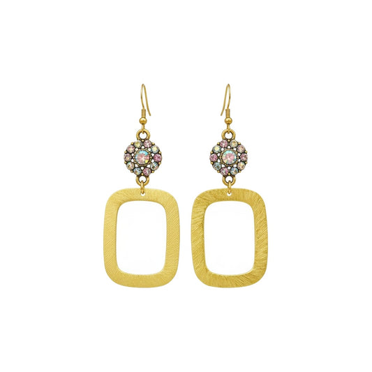AB Crystal Bloom & Brushed Gold Square Drop Earrings