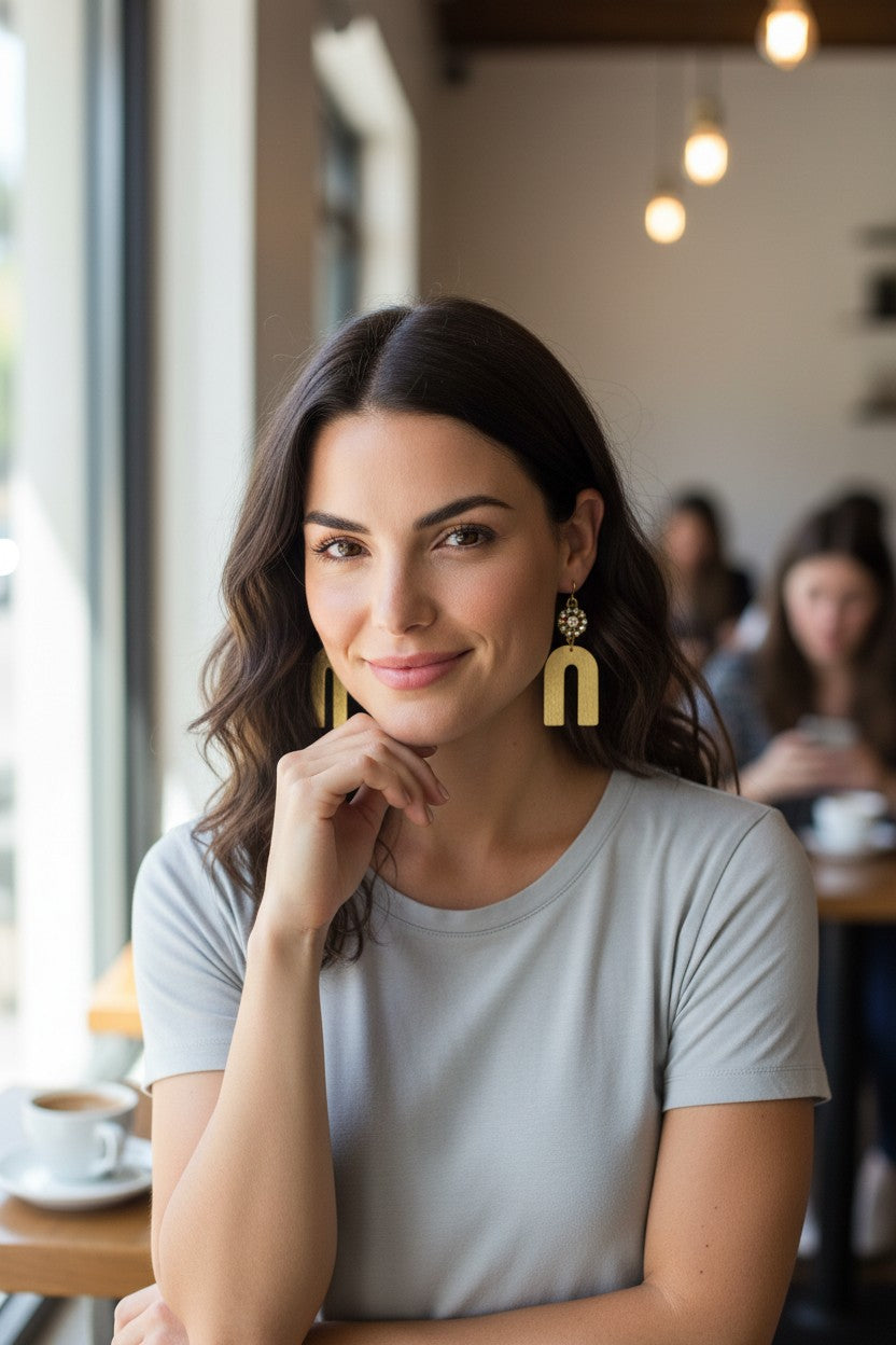 Rhinestone & Brushed Gold Pendant Earrings - E19-4689