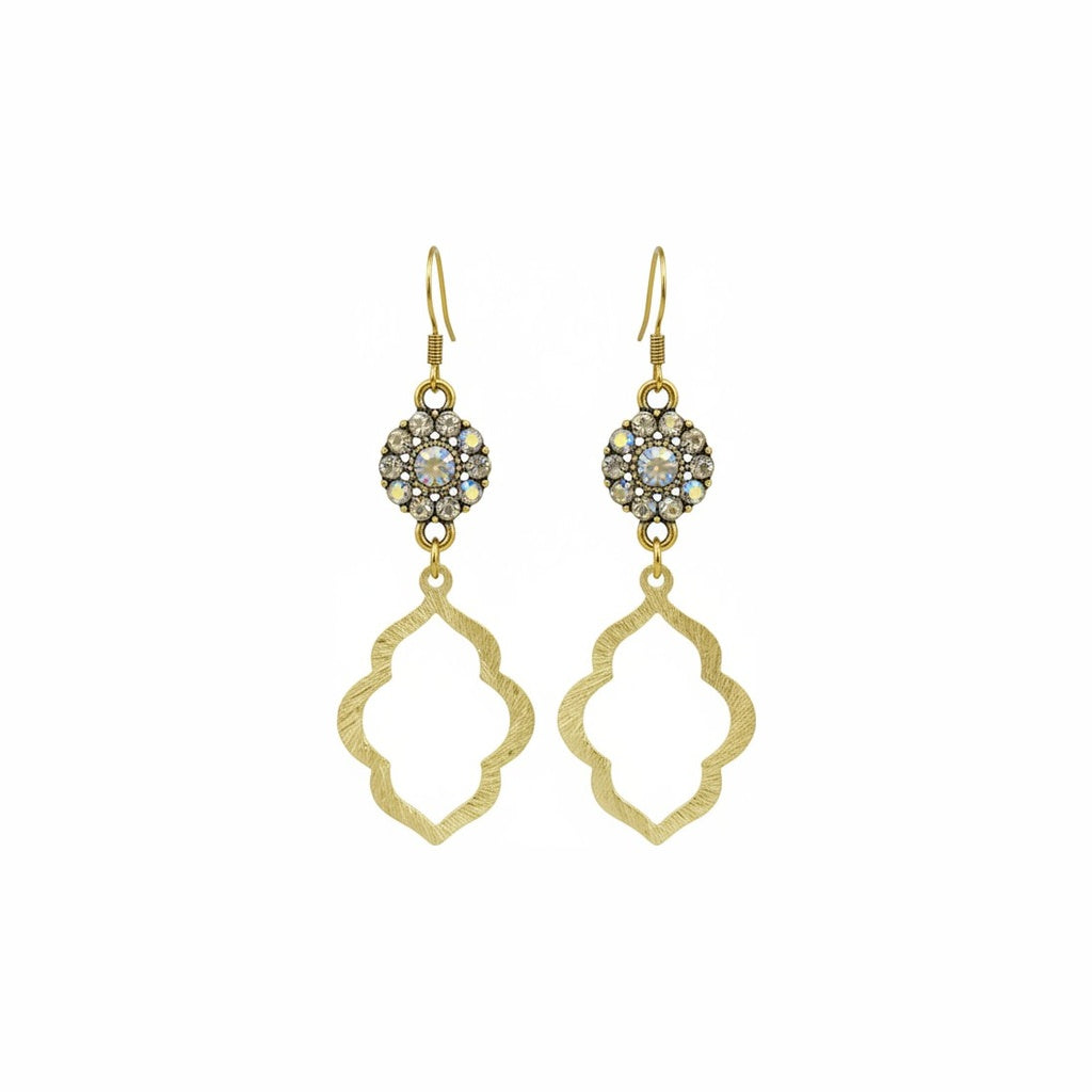 AB Crystal Bloom & Brushed Gold Quatrefoil Drop Earrings