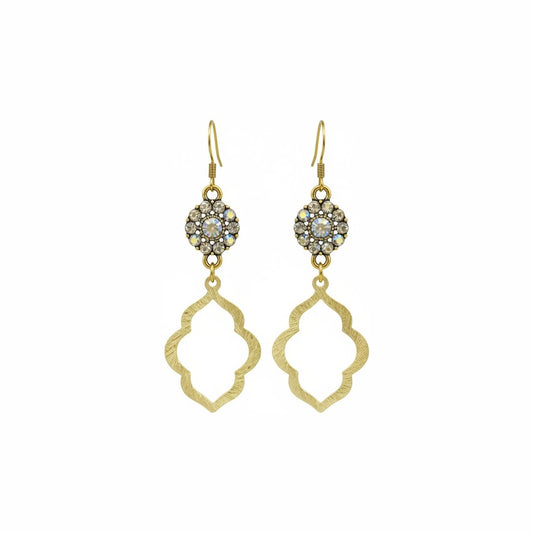 AB Crystal Bloom & Brushed Gold Quatrefoil Drop Earrings