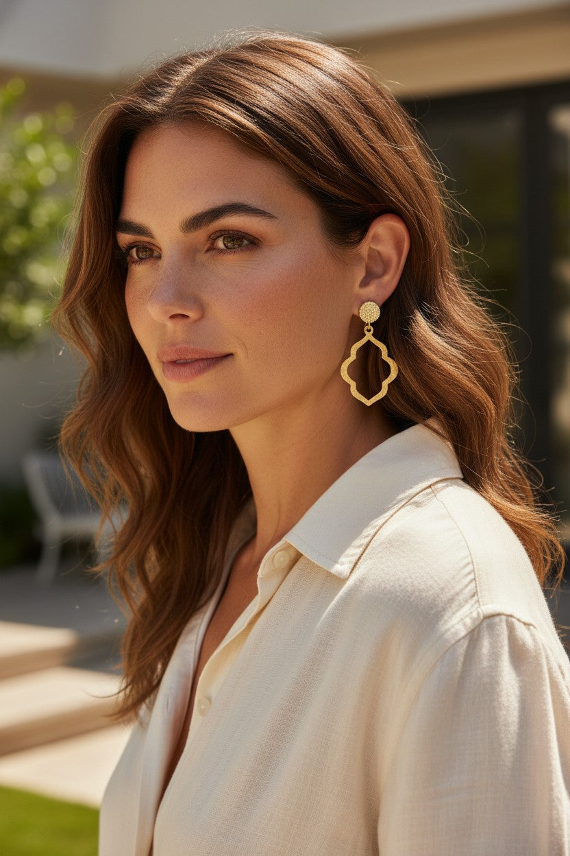 CZ Pave Stud & Brushed Gold Pendant Earrings - E19-4695