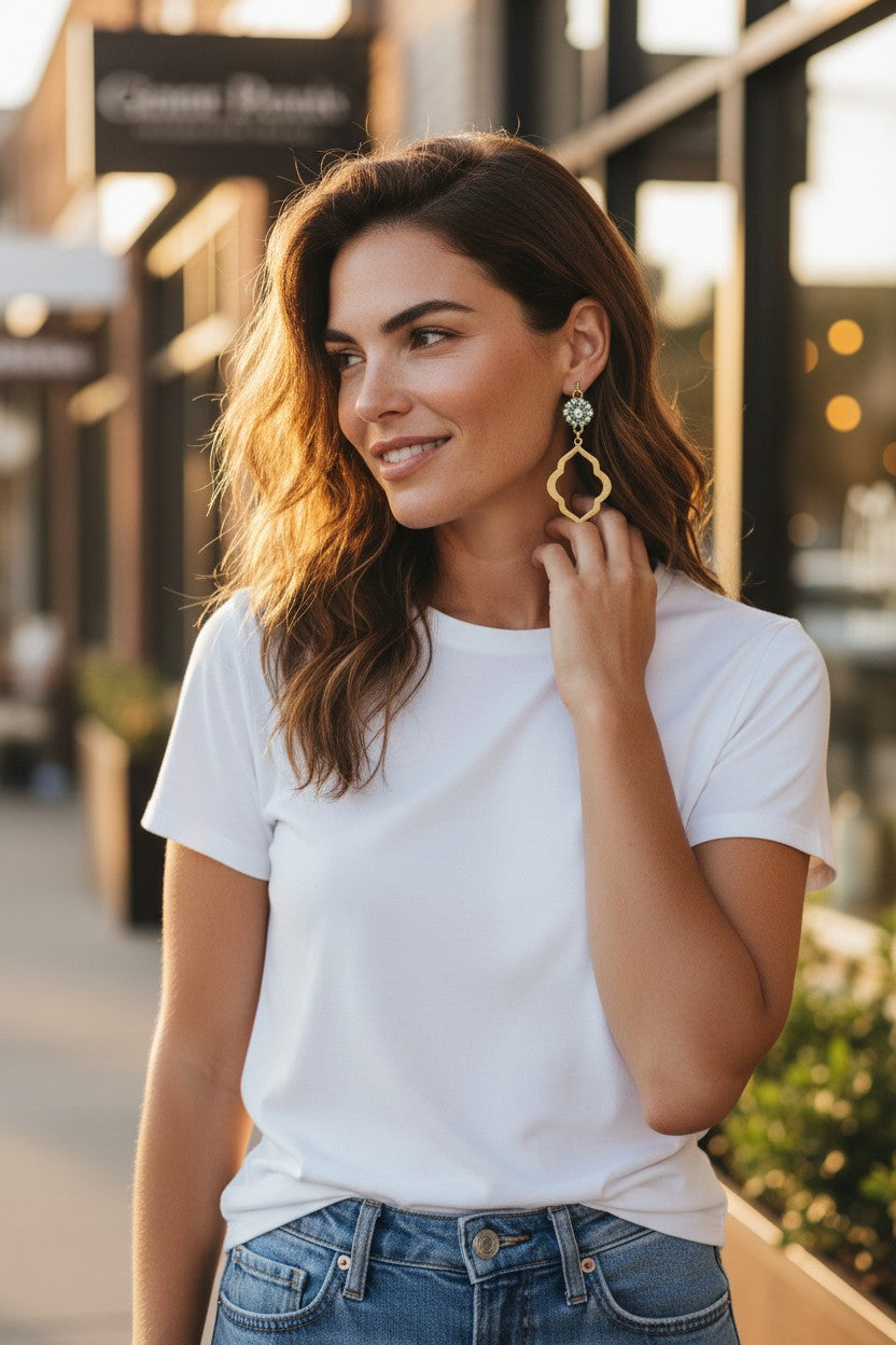 Rhinestone & Brushed Gold Pendant Earrings - E19-4696