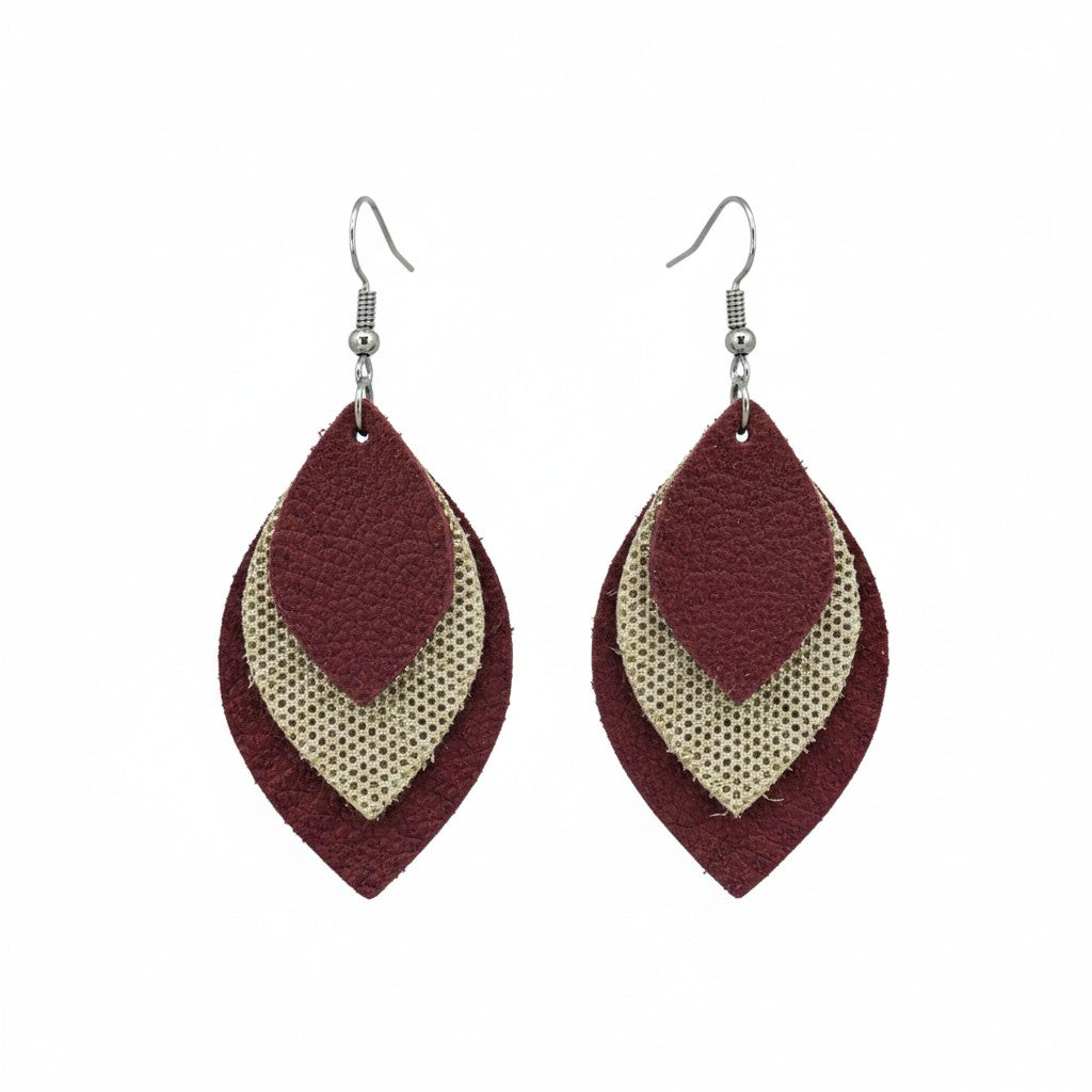 Burgundy Suede Leather and Metallic Gold Leather Earrings - E19-469