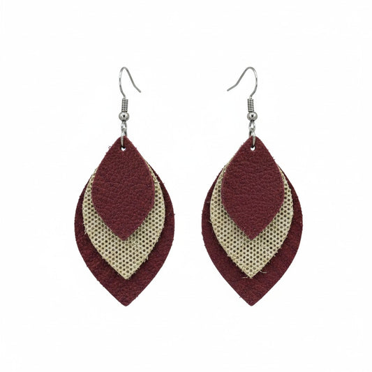 Burgundy Suede Leather and Metallic Gold Leather Earrings - E19-469