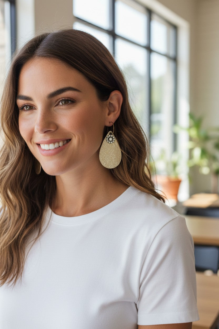 Platinum Leather & Rhinestone Hoop Earrings - E19-4702