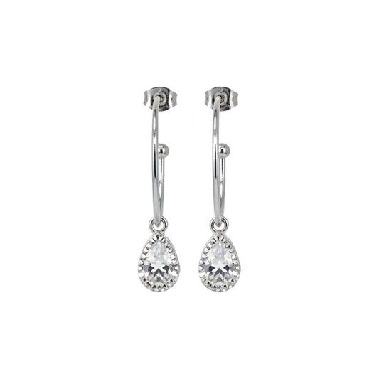 Silver Teardrop CZ & Open Hoop Drop Earrings
