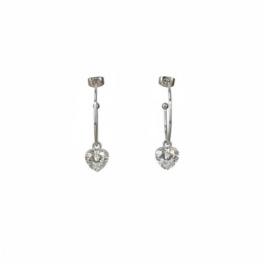 Silver Heart CZ & Open Hoop Drop Earrings