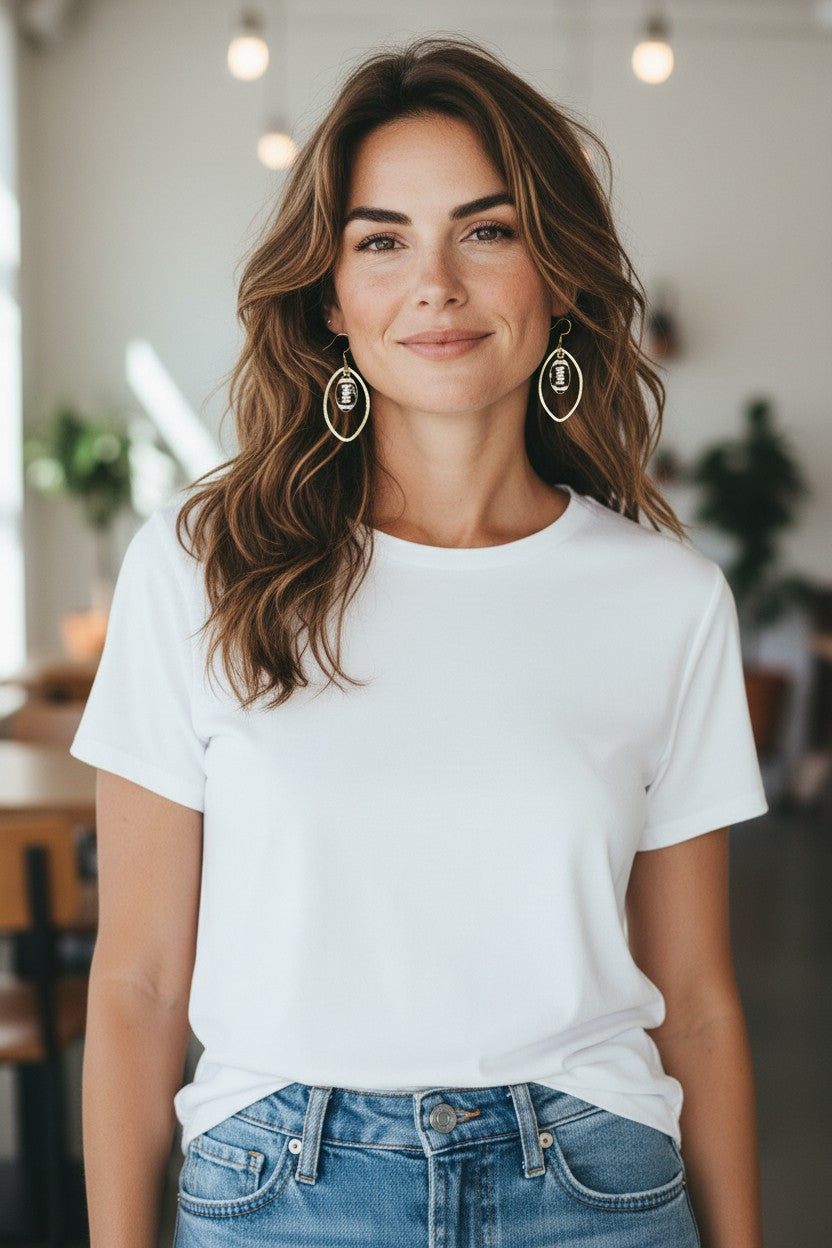 Brushed Gold & Football Pendant Earrings - E19-4717