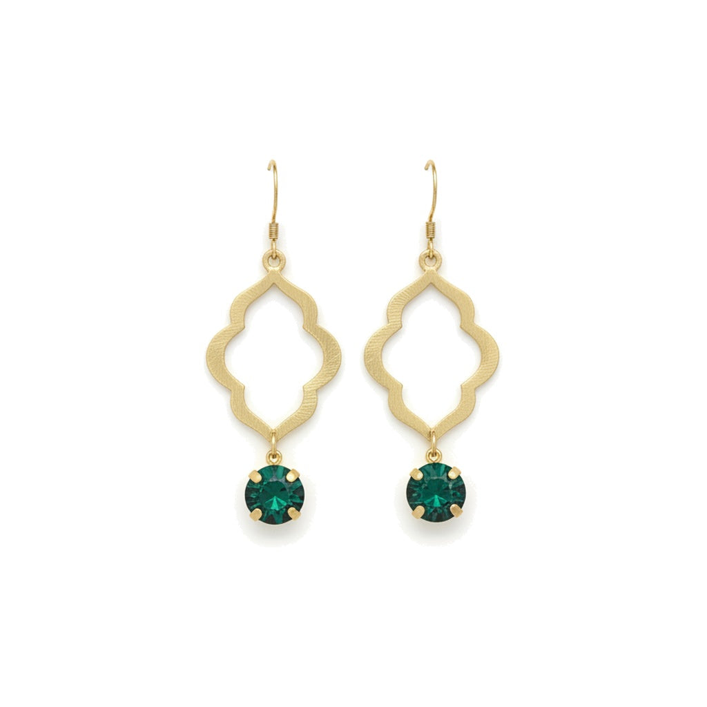 Emerald Crystal & Brushed Gold Marquise Drop Earrings